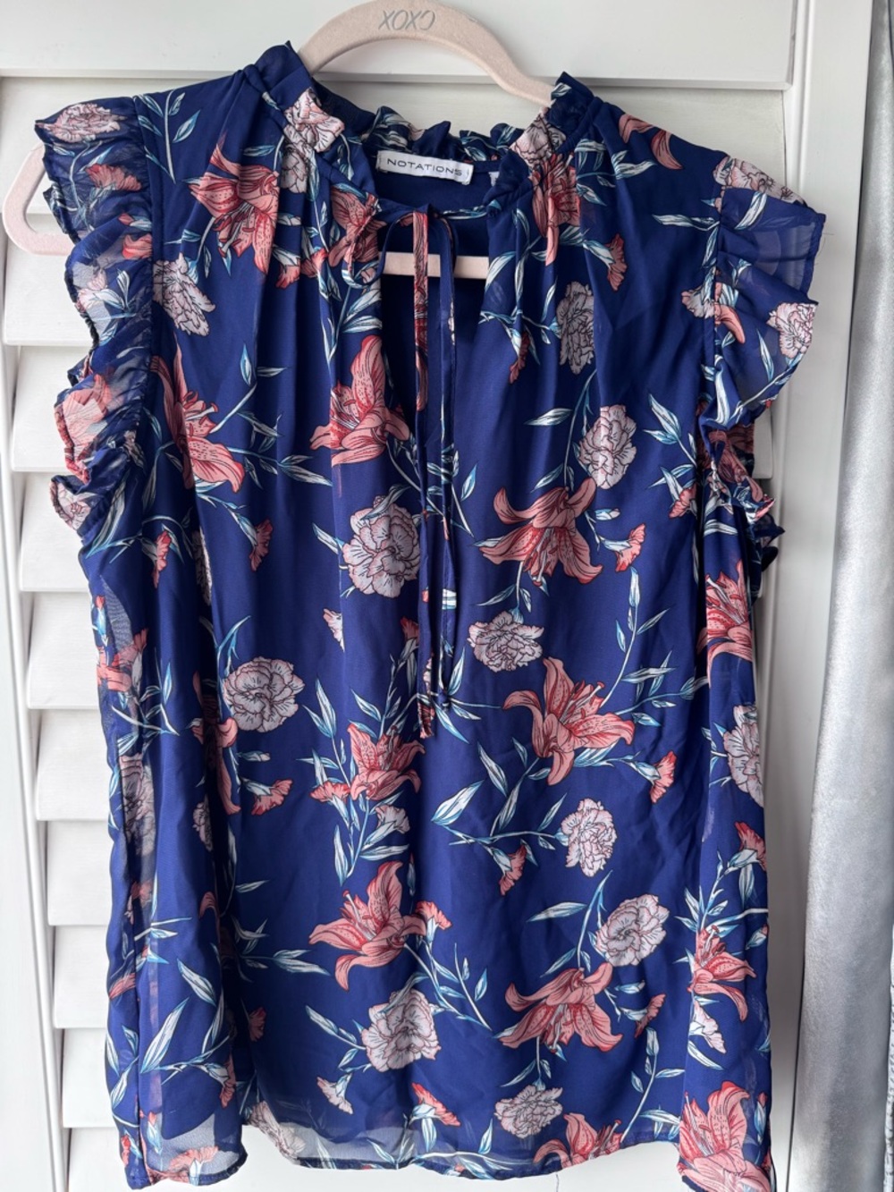 Notations Navy Floral Tie-Neck Ruffle Sleeve Blouse